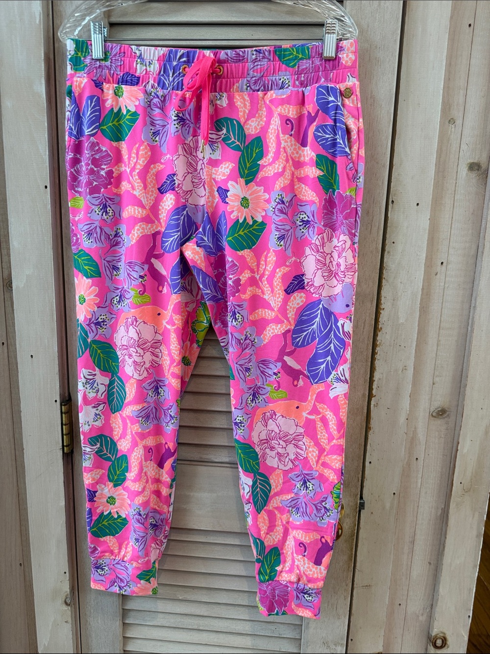 Lilly Pulitzer Pink Floral-Print Jogger Pants w/ Elephants & Monkeys Medium
